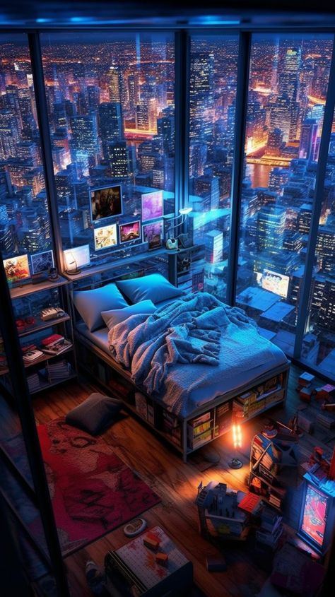 Room Window Aesthetic, Cyberpunk Aesthetic Room, Cyberpunk Bedroom, Cyberpunk House, Cyberpunk Apartment, Cyberpunk Room, Cyberpunk World, Futuristic Bedroom, Ville Cyberpunk