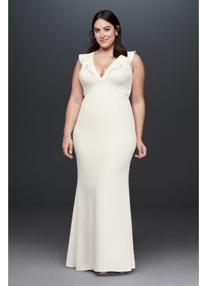 Plunging V Ruffle Strap Plus Size Crepe Gown 10982W Wrap Wedding Dress, Plus Size Bridal Dresses, Davids Bridal Wedding Dresses, Plus Size Gowns, Crepe Gown, Gown Style, Wedding Items, Hugging Silhouette, Davids Bridal Dresses