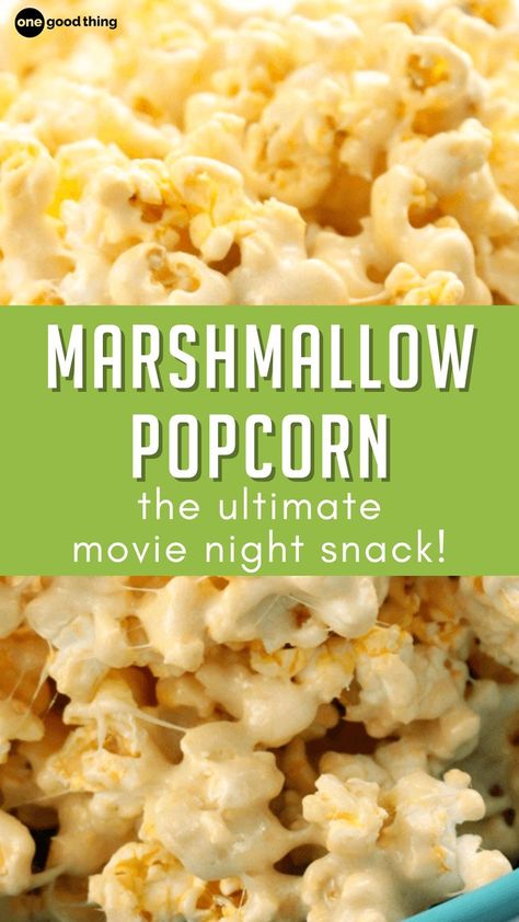 Buttery popcorn meets gooey marshmallows in this simple but satisfying treat. Movie night, anyone? Movie Night Snacks Healthy, Movie Night Desserts, Family Movie Night Snacks, Buttery Popcorn, Popcorn Recipes Easy, Marshmallow Popcorn, Alfredo Sauce Recipe Homemade, Movie Night Food, Movie Night Popcorn