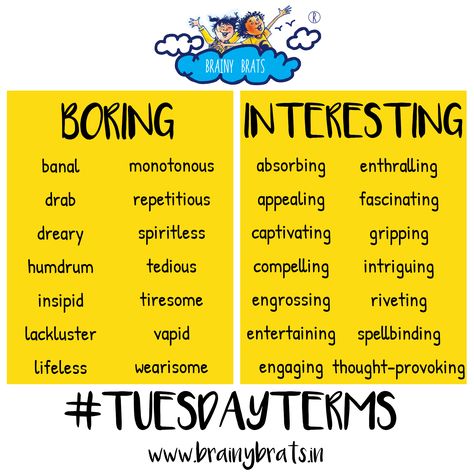 Synonyms for Boring and Interesting. #Vocabulary #EnglishLanguage #BrainyBrats Synonyms For Thought, Sophisticated Vocabulary, Word Dictionary, Plot Ideas, Story Tips, English Practice, Presentation Tips, Writing Humor, Writing Guide