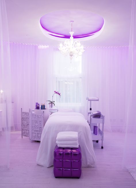 Purple Spa Room Ideas, Lash Room Decor Purple, Purple Facial Room, Purple Massage Room, Waxing Spa Decor, Esthetician Room Purple, Ikea Esthetician Room, Lavender Esthetician Room, Esthetician Product Display