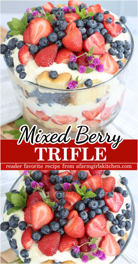 Berry Trifle Recipe Summer Trifle Desserts, Easy Berry Trifle Recipe, Mixed Berry Trifle, Triffle Recipe, Trifle Easy, Fruit Trifle Recipes, Angel Food Cake Trifle, Berry Trifle Recipe, Summer Trifle