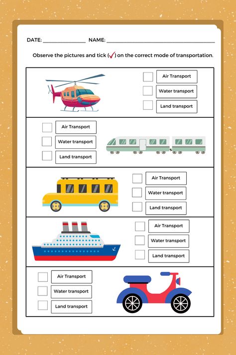 Download and Print Mode of Transportation practice worksheet. Keep Practicing Keep Learning with Pracsheets! Worksheet On Transport, Mode Of Transport Worksheet, Nursery Worksheets, Keep Practicing, Animal Worksheets, Keep Learning, Mode Of Transport, Transportation, Nursery