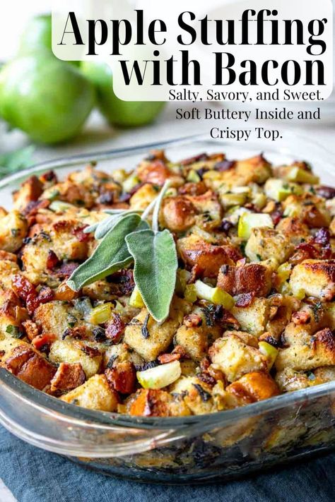 A super flavorful stuffing recipe filled with buttery bread cubes, granny smith apples, salty bacon, fresh herbs and plenty of butter. Perfect for your holiday menu! Stuffing Apple, Pancetta Stuffing, Leftover Stuffing Recipes, Classic Stuffing Recipe, Leftover Stuffing, Classic Stuffing, Best Stuffing Recipe, Apple Stuffing, Sprouts Recipes