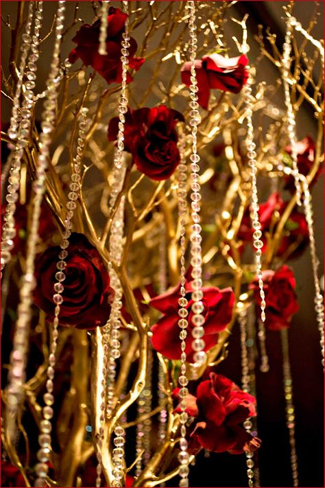 ☛All Things Red•Gold☚ Manzanita Centerpiece, Oscars Party Ideas, Beauty And Beast Wedding, Beauty And The Beast Theme, Beauty And The Beast Party, Quinceanera Decorations, Maroon Wedding, Quinceanera Party, Disney Wedding