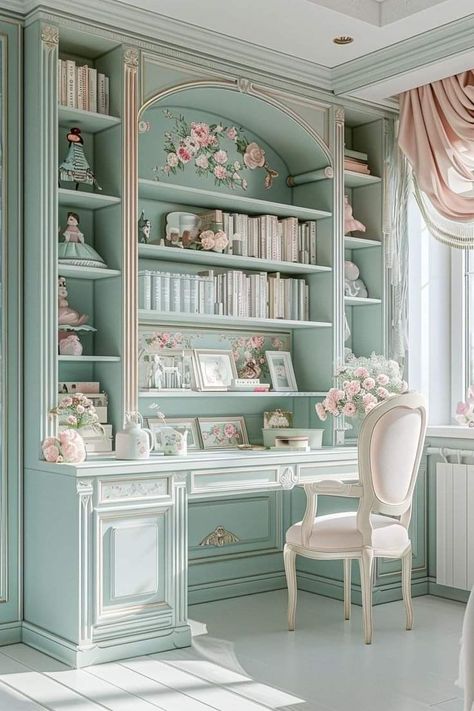 Shabby Chic Home Office Ideas, Built In Desk Makeover, Cool Den Ideas, 1850s Home Decor, Home Decor Ideas Pastel, Colorful House Inspiration, Dusty Blue Interior Design, French Home Interior Design, Bright Home Library