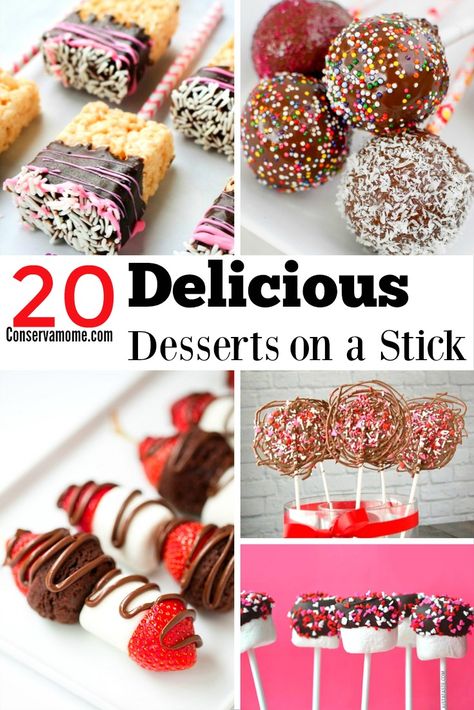 This round up of 20 delicious Desserts on a Stick is so fantastic you won't know which one to make first. Whichever one you choose, you'll pick a winner! Desserts On A Stick Parties Food, Brownie Skewers Dessert Kabobs, Dessert On Stick, Desert On A Stick, Sweet Skewers, Desserts On A Stick, Brownie Kabobs, Dessert On A Stick, Cookie On A Stick