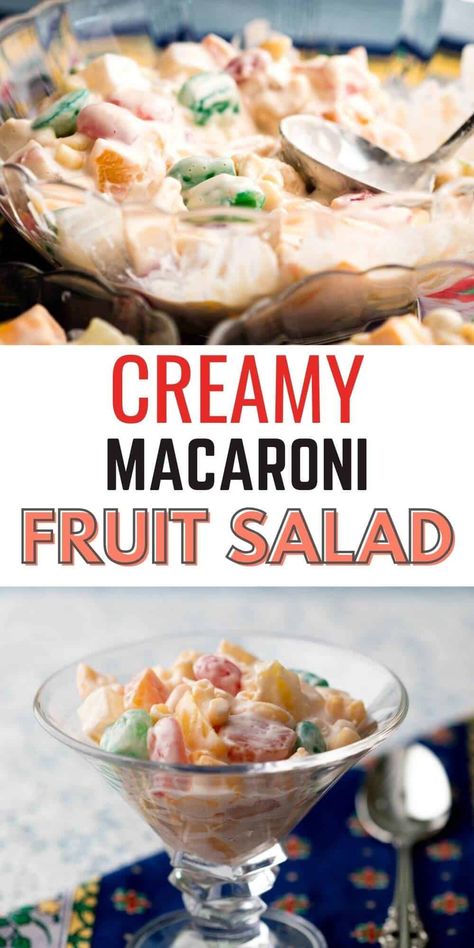 This creamy and colorful Filipino macaroni fruit salad combines sweet fruits, tender pasta, and a rich dressing, making it the perfect dish for any event. It's easy to make, customizable, and a crowd favorite! Macaroni Fruit Salad Filipino, Filipino Macaroni Fruit Salad Recipe, Filipino Fruit Salad Recipe, Thanksgiving Apple Desserts, Macaroni Fruit Salad, Filipino Fruit Salad, Thanksgiving Desserts For Kids, Filipino Desert, Thanksgiving Chocolate Desserts