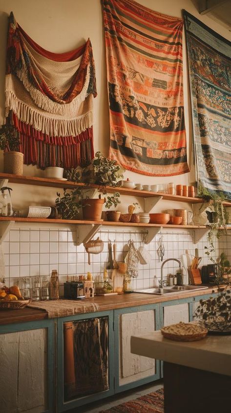 decorative tapestry wall hangings Artsy Kitchen, Eclectic Light Fixtures, Hippie Kitchen, Eclectic Diy, Photo Ledge, Bedroom 2024, Mosaic Backsplash Kitchen, Painted Wooden Signs, Plate Wall Art