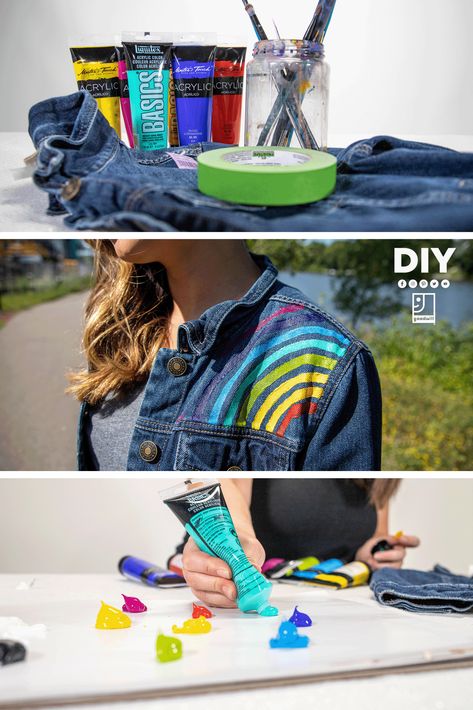 🌈 DIY rainbow denim jacket just in time for fall! Level: Easy Diy Pride Outfit, Diy Painted Denim, Boho Thrift, Painted Denim Jacket, Diy Rainbow, Painted Jacket, Bridal Jacket, Pride Outfit, Painted Denim