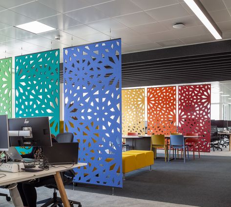 Acoustic Lighting, Office Lights, Acoustical Panels, Environmental Branding, Office Dividers, Office Wall Design, Modern Office Space, Divider Design, Corporate Office Design