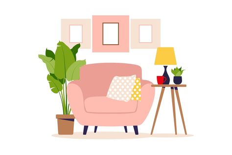 Living Room Vector, Furniture Illustration, Living Room Illustration, Table Illustration, Cute Dog Drawing, Adobe Illustrator Graphic Design, Cartoon House, Vector Icons Illustration, Interior Illustration