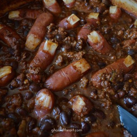 Halloween Nibbles, Halloween Chili, Halloween Hotdogs, Hatch Chili Recipes, Beef Chorizo, Hatch Chiles, Spooky Dinner, Creepy Halloween Food, Hatch Chili