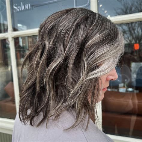 30 Coolest Ideas on Gray Blending Greying Hair Highlights Blending, Grey Highlights On Dark Hair Brunettes, Grey Transition Hair Highlights, Gray Highlights Brown Hair, Brown Hair Pictures, Brown Hair With Silver Highlights, Gray Blending, Highlights For Dark Brown Hair, Gray Balayage