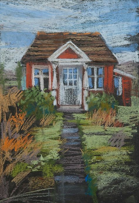 Soft Pastel Architecture Drawing, Oil Pastel House Drawing, Oil Pastel House, House Oil Pastel, Chalk Pastel Drawings, Red Barn Painting, Oil Pastel Crayons, Chalk Pastel Art, Soft Pastels Drawing