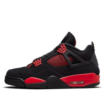 Dressed in a Black, White, and Red color scheme. This Air Jordan 4 will look similar to the “Thunder” Air Jordan 4, though the original Yellow has been replaced for Red. Other details will include a Black nubuck upper with White detailing on the branded areas atop a Black rubber sole. SKU: CT8527-016 Release Date: 15 Jan 2022 Color: Black/White-Red (AJ4/SNKR/Unisex/Mid Top/Basketball) Jordan 1 Chicago Outfit, Black And Red Jordans, Drill Girl, Rapper Clothing, Red Color Scheme, Jordan 4 Red, Pretty Sneakers, Red Jordans, Back To School Shoes