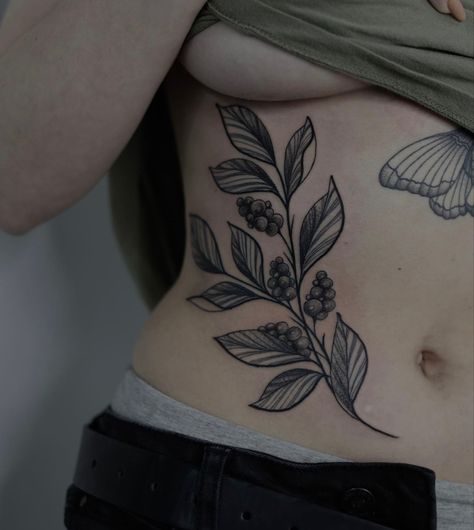 Stomach Tattoo Designs For Women, Leaf Stomach Tattoo, Animal Stomach Tattoos, Hip Tattoo Leaves, Botanical Stomach Tattoo, Hip Leaves Tattoo, Symmetrical Hip Tattoos, Abdomen Tattoo, Upper Leg Tattoos