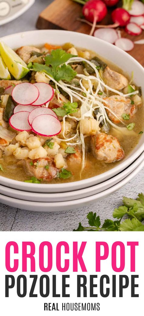 Meaty, Mexican comfort food in a bowl - Crock Pot Pozole! This satisfying, savory, slow-cooker recipe inspires cozy suppers around the table! Crockpot Posole Pork, Crock Pot Pozole, Crockpot Pork Posole, Posole Crockpot, Crockpot Pozole, Slow Cooker Posole, Easy Pozole Recipe, Pork Posole, Mexican Slow Cooker