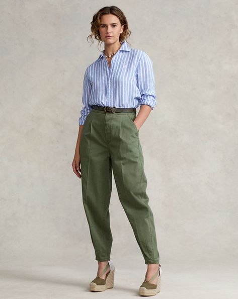 Women's Designer Shirts & Blouses | Ralph Lauren® FR Chino Outfits Women's, Ralph Lauren Spring Summer 2024, Khaki Clothes, Styling Books, Outfit Verde, British Clothing, Striped Linen Shirt, Linen Shirts Women, Color Combinations For Clothes