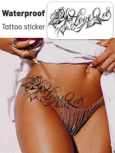 1pc Sexy Rose, Love Letter Temporary Tattoo, Flower Print Waist Waterproof Tattoo Stickers For Men And Women Body ArtI discovered amazing products on SHEIN.com, come check them out! Waist Rose Tattoo, Hip Name Tattoos Women, Waist Tattoo, Waist Tattoos, Hip Tattoos, Rose Love, Tattoo Script, Women Body, Name Tattoo