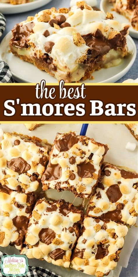 These S’mores Bars are deliciously gooey with a buttery graham cracker crust, mini marshmallows and melted chocolate. #smoresbars #marshmallowbars #smores #smoresrecipes via @melissasssk Sheet Pan Smores Cookie Bars, Smores Chocolate Bark, Easy Smores Bars Recipe, Marshmallow Graham Cracker Dessert, Trivia Snack Ideas, S’mores Squares, S’mores Bar Recipe, Graham Cracker Smores Bars, S’mores Brownies With Graham Cracker Crust