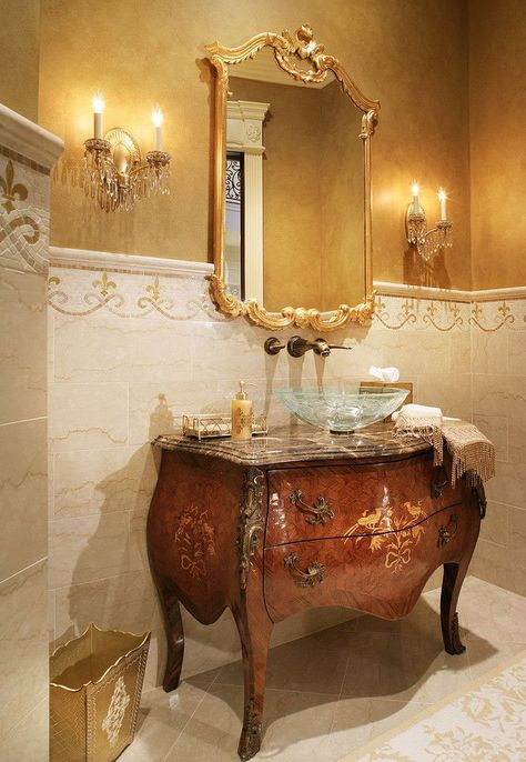 Elegant Powder Room, Luxury Powder Room, Traditional Powder Room, Murano Glass Mirror, French Country Bathroom, Powder Room Decor, Decorative Mirrors, Country Bathroom, Bathroom Pictures