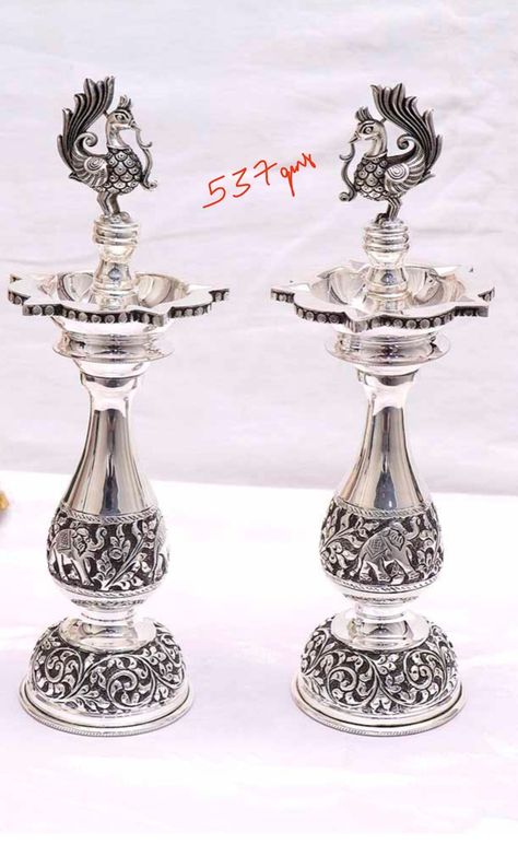 Silver Deepam Design With Grams, Silver Chemmalu, Silver Deepam Design Antique, Antique Silver Pooja Items, Krishna Jula, Silver Deepam, Silver Diya, Sari Draping, Silver Idols