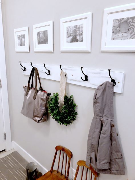 Coat Hooks Above Bench, Coat Rack In Laundry Room, Board With Hooks Entryway, Entry Wall Hooks Entrance, Coat Rack For Entryway, Entry Way Coat Rack Ideas Modern, Narrow Entryway Coat Hooks, Diy Wall Mount Coat Rack, Entryway With Coat Hooks