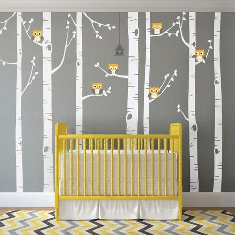 18 nursery design trends for boys rooms in 2019 Birch Tree Wall, Birch Tree Wall Decal, Forest Wall Decals, Ideas Habitaciones, Bird Wall Decals, White Birch Trees, Yellow Nursery, Family Tree Wall Decal, Tree Decals