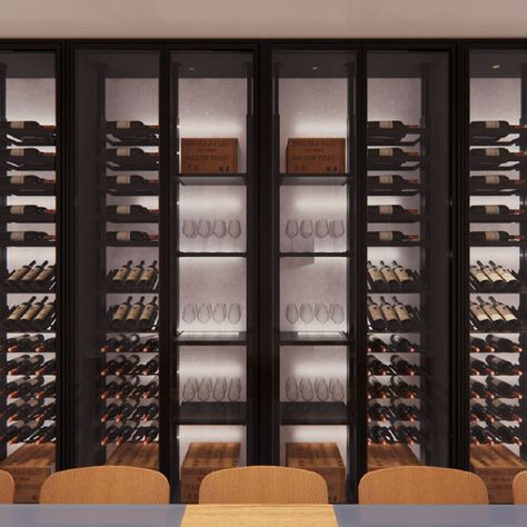 What it costs to build a custom wine wall with glass doors | MacPhee's Case Studies Double Sided Wine Wall, Wine Wall Display, Glass Wine Cellar, Wine Event, Wall Mount Rack, Wine Wall, Wine Display, Cost To Build, Wine Store