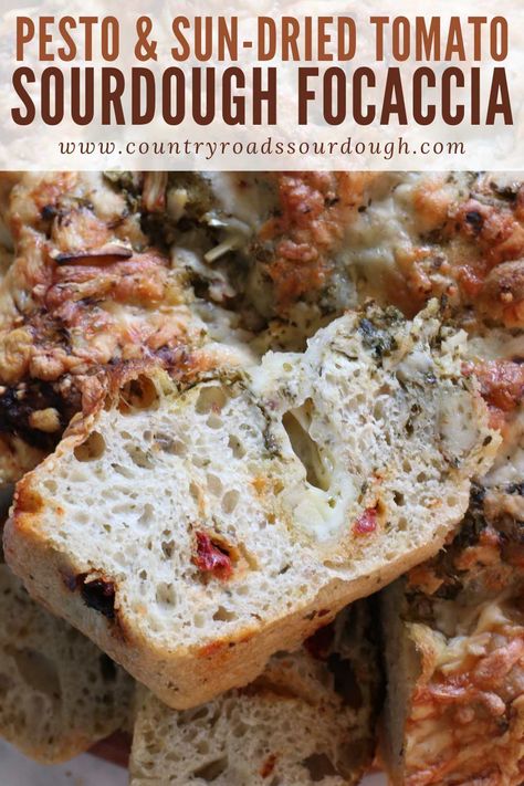 Pesto Sourdough Focaccia Basil Focaccia, Sun Dried Tomato Focaccia, Sun Dried Tomato Sourdough Bread, Pesto Focaccia Bread, Sourdough Ficcotia Bread Recipe, Pesto Sourdough, Pesto Sourdough Bread, Focaccia Flavors, Sourdough Pasta