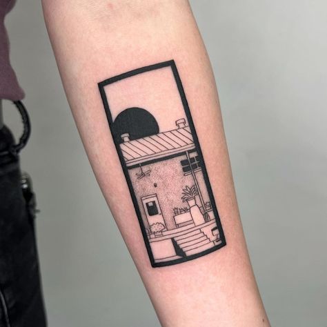 Gallery Wall Tattoo, Childhood Home Tattoo, Open Door Tattoo, House Tattoo Ideas, Porch Tattoo, Sentimental Tattoos, Door Tattoo, Brother Tattoo, Tattoo House