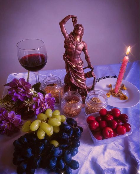 Dionysus Altar Ideas, Working With Dionysus, Dionysus Worship, Cult Of Dionysus Aesthetic, Dionysus Altar, Greek Pagan, Dionysus Aesthetic, Deity Work, Witchcraft Stuff