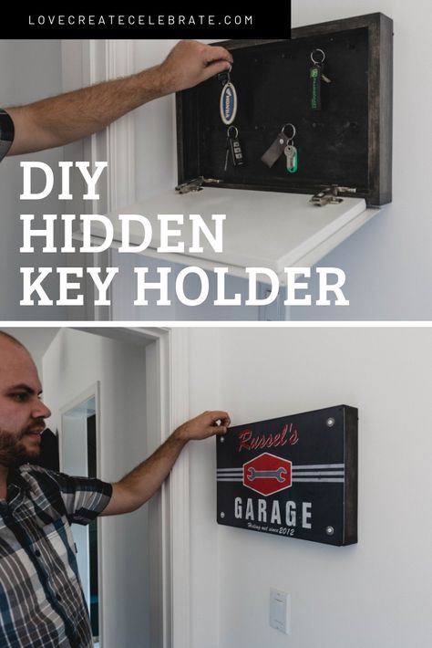 This DIY hidden key holder is genius! Hide all of those extra keys with this key rack idea! A garage or mancave sign customizes the piece for it's space! Would make a great birthday gift, Christmas gift or Father's day gift! #woodworking #garage #mancave #sign #keyholder Key Holder Diy, Diy Gifts For Men, Hidden Key, Key Box, Workbench Plans, Key Storage, Key Rack, Diy Furniture Easy, Diy Furniture Projects