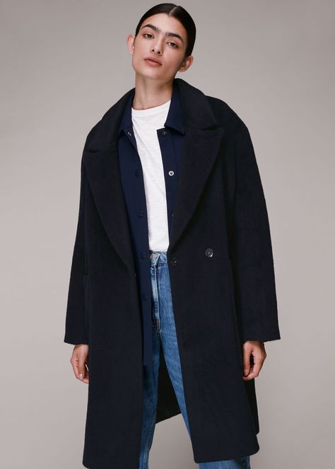 Buy Navy Lola Wool Mix Cocoon Coat | WHISTLES from whistles.com. Our Lola coat offers endless versatility and works for any occasion. Designed in a deep navy hue, its oversized, enveloping shape offers nonchalant appeal, making it an easy staple to wrap up in on chillier days. Oversized Coats, Navy Coat, Great Coat, Perfect Coat, Long Coats, Cocoon Coat, 60 Fashion, Thick Sweaters, Classic Coats