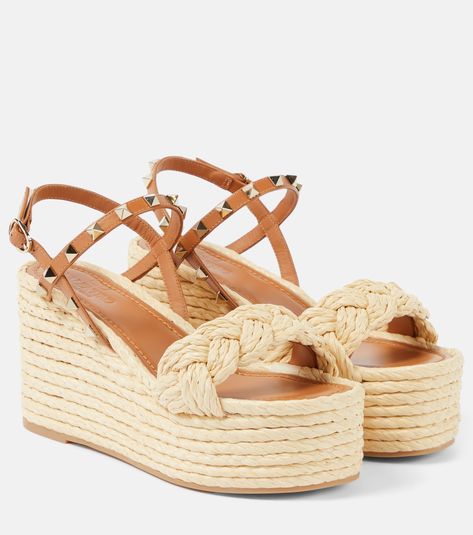 Rockstud braided leather espadrille wedges in brown - Valentino Garavani | Mytheresa Beachy Shoes, Valentino Wedges, Spring Sunglasses, Minimal Shoes, Valentino Garavani Shoes, Shoes Spring, Black Espadrilles, Womens Sandals Wedges, Leather Espadrilles