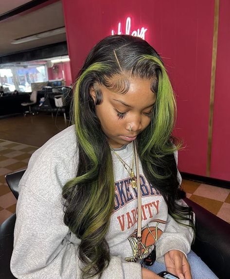 Embrace the Sun with Chic Summer Hairstyles | Effortlessly Stylish Sew In With Green Highlights, Black Wig With Green Highlights, Black And Green Lace Front Wigs, Green Wig Install, Green Wigs Black Women, Hair On Brown Skin, Side Shaved Hair, Inner Wave, Ginger Hairstyles