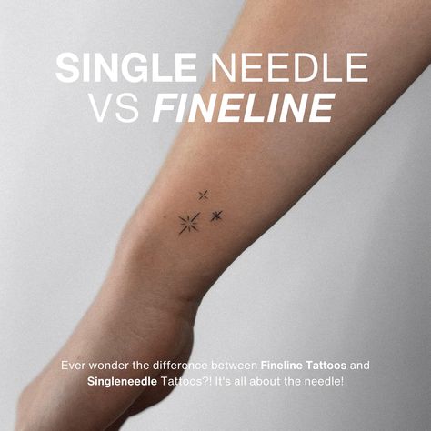 Wondering the difference between Fineline Tattoos and Single Needle Tattoos? It’s all about the needle! ✨SINGLE NEEDLES This technique uses only one needle to deposit ink into the skin, making it the most precise and thinnest “line” tattoo possible. Ideal for creating very fine lines and intricate details, it requires a specialist due to the high level of skill needed. Not all tattoo shops offer single-needle tattoos! Great for: script tattoos, tiny tattoos, realistic tattoos with delicate... One Needle Tattoos, Fine Needle Tattoo, Fine Lines Tattoo, Fine Line Script Tattoo, Tattoo Needle Sizes, Simple Line Tattoo, Script Tattoos, Tattoos Tiny, Fineline Tattoos