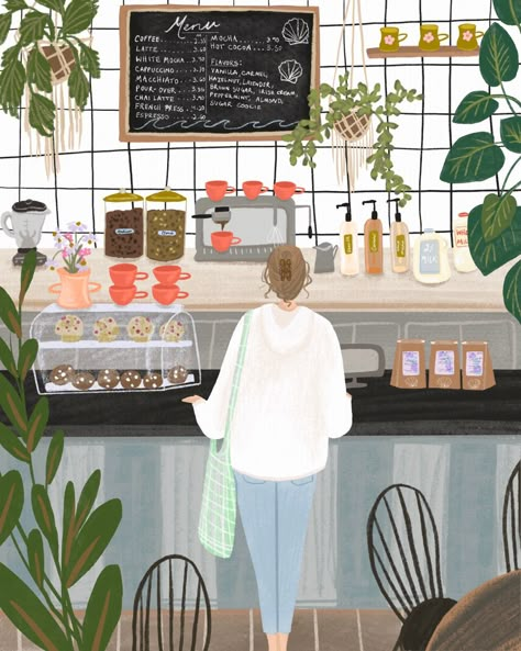 Coffee shop, coffee shop art, coffee shop illustration, coffee shop aesthetic, coffee shop inspiration, cafe aesthetic, fashion illustration, plants, plants illustration, coffee shop branding, brand inspiration Coffeshop Illustration, Cafe Interior Illustration, Cafe Drawing Illustration Coffee Shop, Cafeteria Illustration, Cafe Illustration Art, Small Business Pictures, Coastal Coffee Shop, Illustration Coffee Shop, Coffee Shop Painting