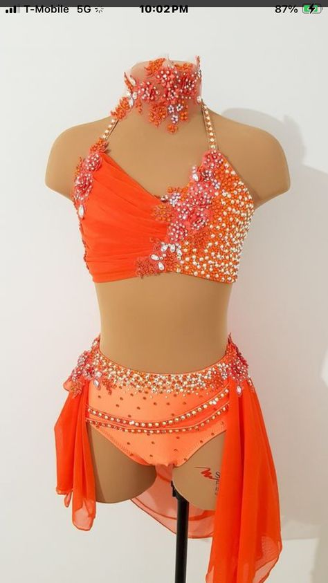 Dance Costumes Orange, Custom Jazz Costume, Orange Dance Costume, Jazz Solo Costumes, Dance Competition Outfits, Dance Costumes Jazz, Red Dance Costumes, Majorette Dance Uniforms, Pink Dance Costumes