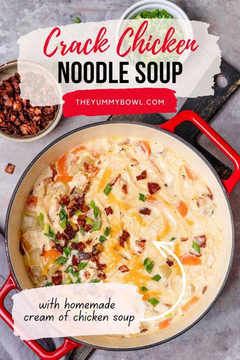 This is the best Crack Chicken Noodle Soup - it is a delicious, cozy, and hearty soup that is so simple to fix. The whole family will enjoy it and you'll want to make it again and again. This homemade soup is made with lots of fresh chunky veggies, shredded chicken, and a secret ingredient here - Cream of Chicken Soup. This comforting creamy chicken noodle soup will keep you cozy during the cold Fall evenings. Southern Living Rotisserie Chicken Noodle Soup, Best Soup Recipes Ever Chicken, Cracked Chicken Soup Recipes, Homemade Chicken Soup With Whole Chicken, Chicken Noodle Soup With A Twist, Chicken Soup With Cream Of Chicken, Chicken Noodle Soup No Celery, Chicken Noodle Soup With Spaghetti Noodles, Chicken Spaghetti Soup