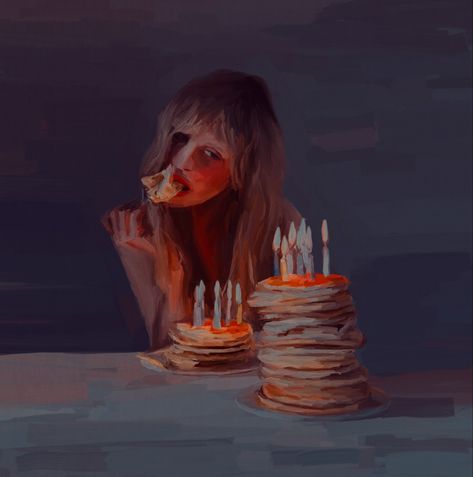 oil painting by stace oviedo @scribblegoblin on ig coquette aesthetic girl oil painting portrait eating pancakes food art downtown girl fashion illustration Oil Painting Emotions, Eating Issue Art, Person Eating Cereal Reference, Sensory Processing Disorder Eating Drawing, Eating Art Reference, Sustained Investigation Art, Eating Artwork, Canabalism Art, Ed Painting