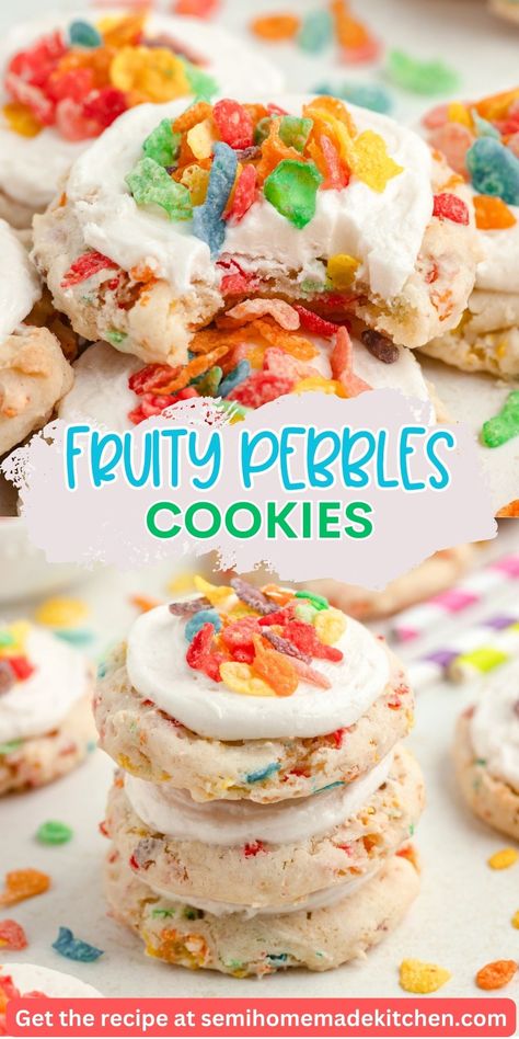 Fruity Pebbles Cake Mix Cookies with Cereal Milk Frosting are a colorful and nostalgic treat that’s easy to make. Using vanilla cake mix as the base, these soft cookies are filled with Fruity Pebbles cereal and topped with a unique cereal milk-infused frosting. Perfect for any event or gathering, these cookies add a pop of color and crunch. Head to the blog to get the full recipe and tips for success, including how to make the perfect cereal milk frosting. Froot Loop Cookies, Fruity Pebble Cake, Fruity Pebbles Cake, Fruity Pebbles Cookies, Pebbles Cake, Unique Cookie Recipes, Cookies With Cake Mix, Fruity Pebble Cookies, Cake Cookies Recipe