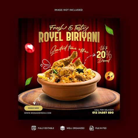 Food menu and restaurant social media ba... | Premium Psd #Freepik #psd #biryani-poster Biryani Social Media Post, Biryani Poster Design, Biryani Poster, Biryani Food, Instagram Post Template Design, Fish Biryani, Post Template Design, Food Social Media, Flex Banner Design