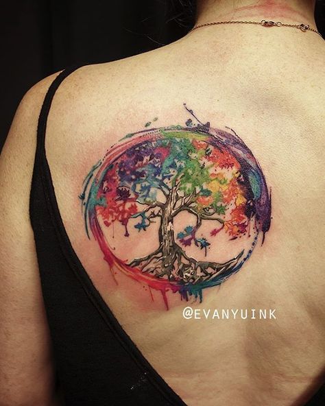 Tattoo Trees, Tree Tattoo Color, Trees Tattoo, Watercolor Tattoo Tree, Backpiece Tattoo, Family Tree Tattoo, Tree Tattoo Designs, Geniale Tattoos, Tree Of Life Tattoo