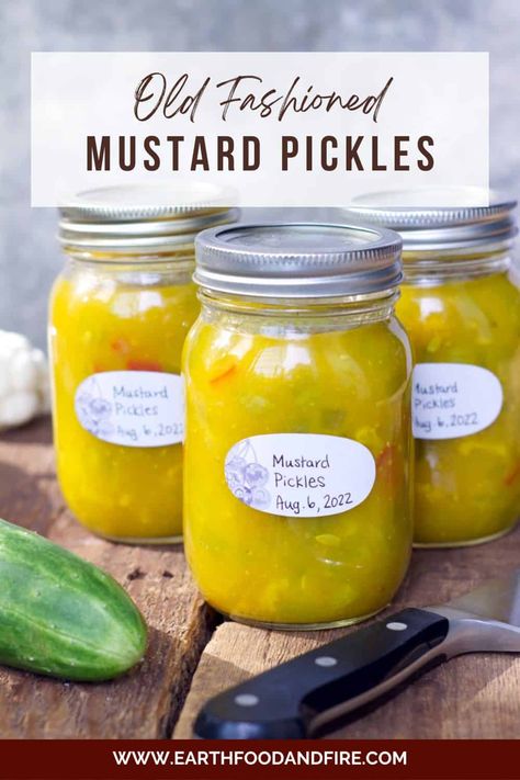 Old fashioned PEI mustard pickles are the perfect condiment to serve alongside cold meats, sausage, and poultry. A great addition to holiday meals, or used as a relish on sandwiches and burgers! #pickles #mustardpickles #preserving Sweet Mustard Pickles Recipe, Mustard Pickle Recipe, Earth Food, Homemade Mustard, Mustard Recipe, Mustard Pickles, Canning Recipe, Granola Recipe Bars, Relish Recipes