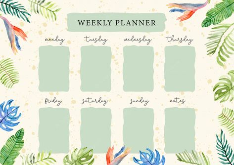 Premium Vector | Weekly planner with tropical summer floral watercolor Floral Watercolor Background, Unique Planner, Print Planner, Weekly Planner Template, Flower Watercolor, Planner Printables Free, Tropical Summer, Up Book, Weekly Meal Planner