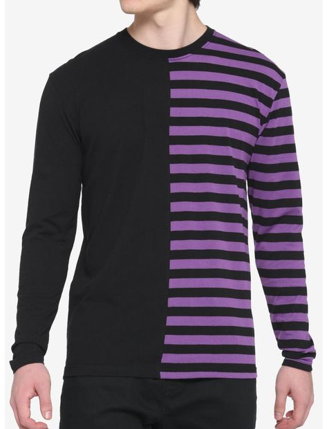 Black & Purple Stripe Split Long-Sleeve T-Shirt Purple Striped Shirt, Split Jeans, Split Design, Plus Size Fits, Black And Purple, Sweaters And Jeans, Hot Topic, Striped Shirt, Black Denim