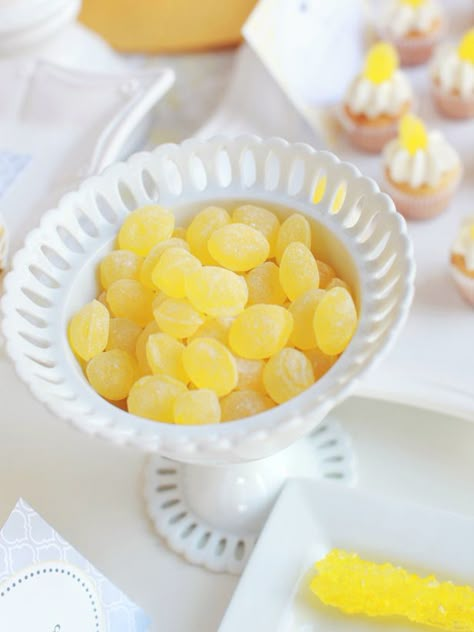 Lemon Drops Lemon Candies, Lemon Candy, Parotid Gland, Lemon Drops, Yellow Cottage, Candied Lemons, Lemon Dessert Recipes, Table Decorating, Blue Candy