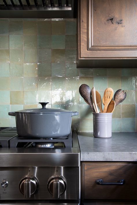 Kitchen in Moore by Kelly Martin Interiors on 1stDibs Cabinets With Concrete Countertops, Brown Kitchen Tiles, Green Cottage Kitchen, Green Shaker Cabinets, Industrial Counter Stools, Green Tile Backsplash, Green Kitchen Island, Kitchen Splashback Tiles, Green Backsplash